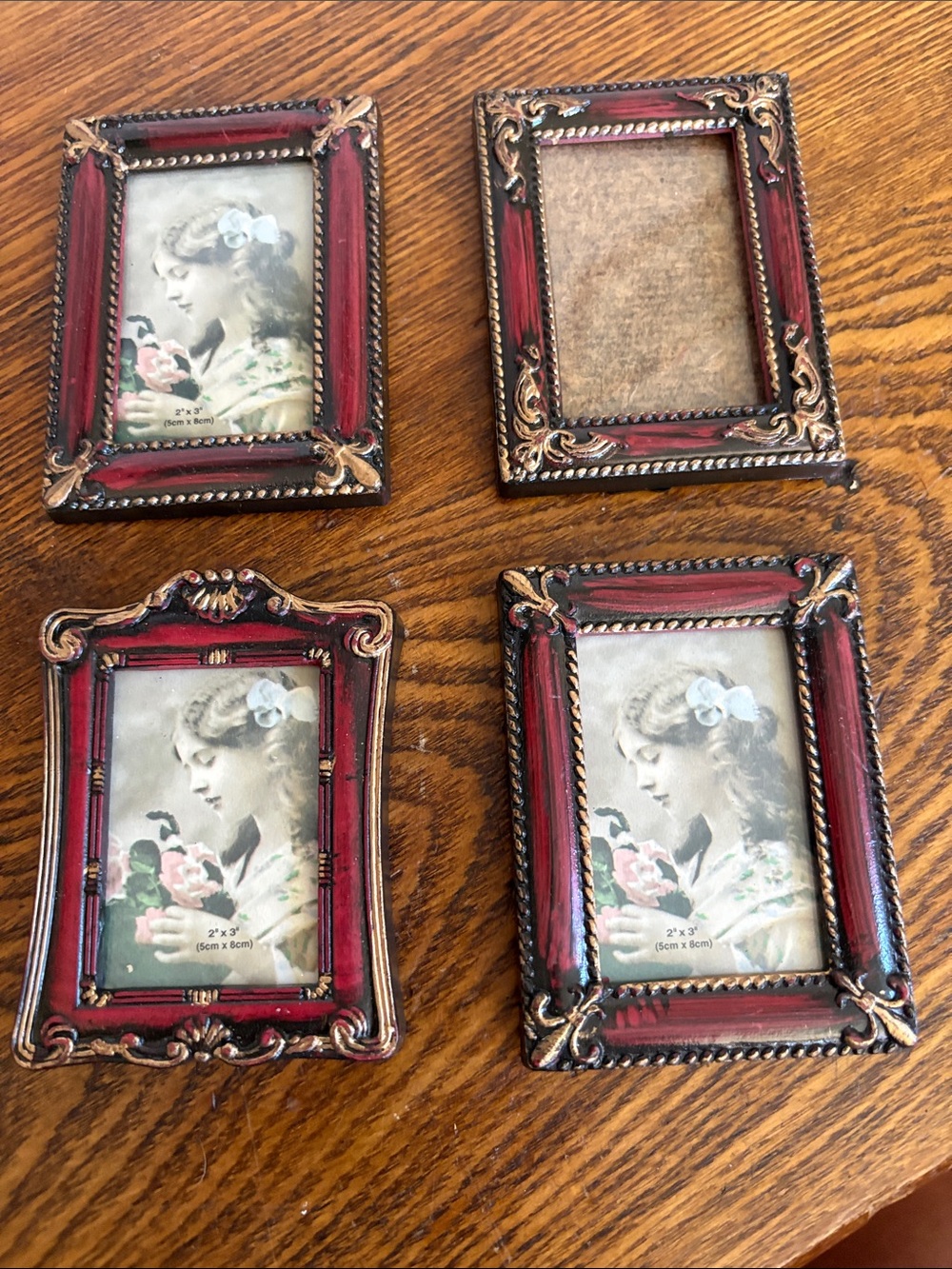 Set of 4 Ornate Mini Picture Frames in Red tine and Gold